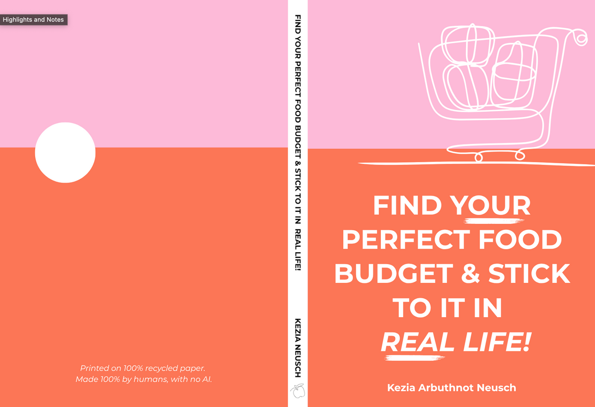 A book cover and spine design shown flat against a white background. The cover has a pink upper half with a white shopping cart illustration and a large orange lower half with the title text 'FIND YOUR PERFECT FOOD BUDGET & STICK TO IT IN REAL LIFE!' and author name Kezia Arbuthnot Neusch.